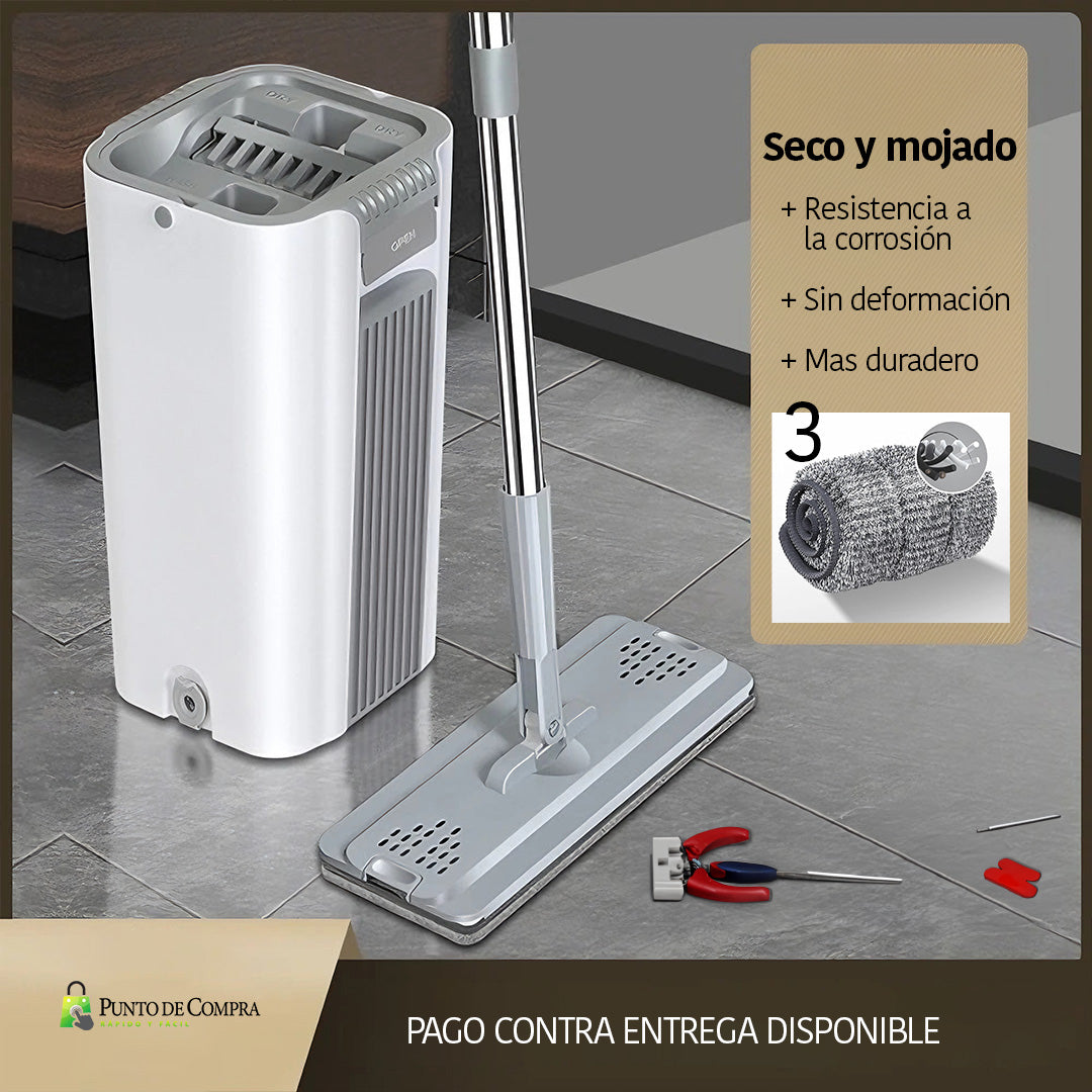 Mopa Plana con Cubo Escurridor 2 en 1, Fregona Microfibra Lavable, 360° Autoescurrible